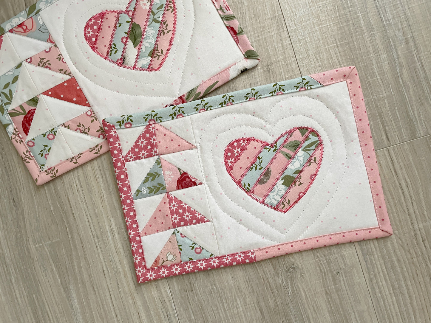 Farmhouse Shabby Chic Set of 2 Quilted Mug Rug Coasters, Great Gift for Her