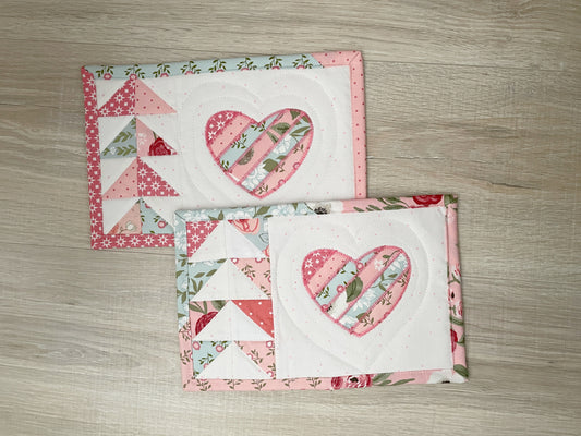 Farmhouse Shabby Chic Set of 2 Quilted Mug Rug Coasters, Great Gift for Her