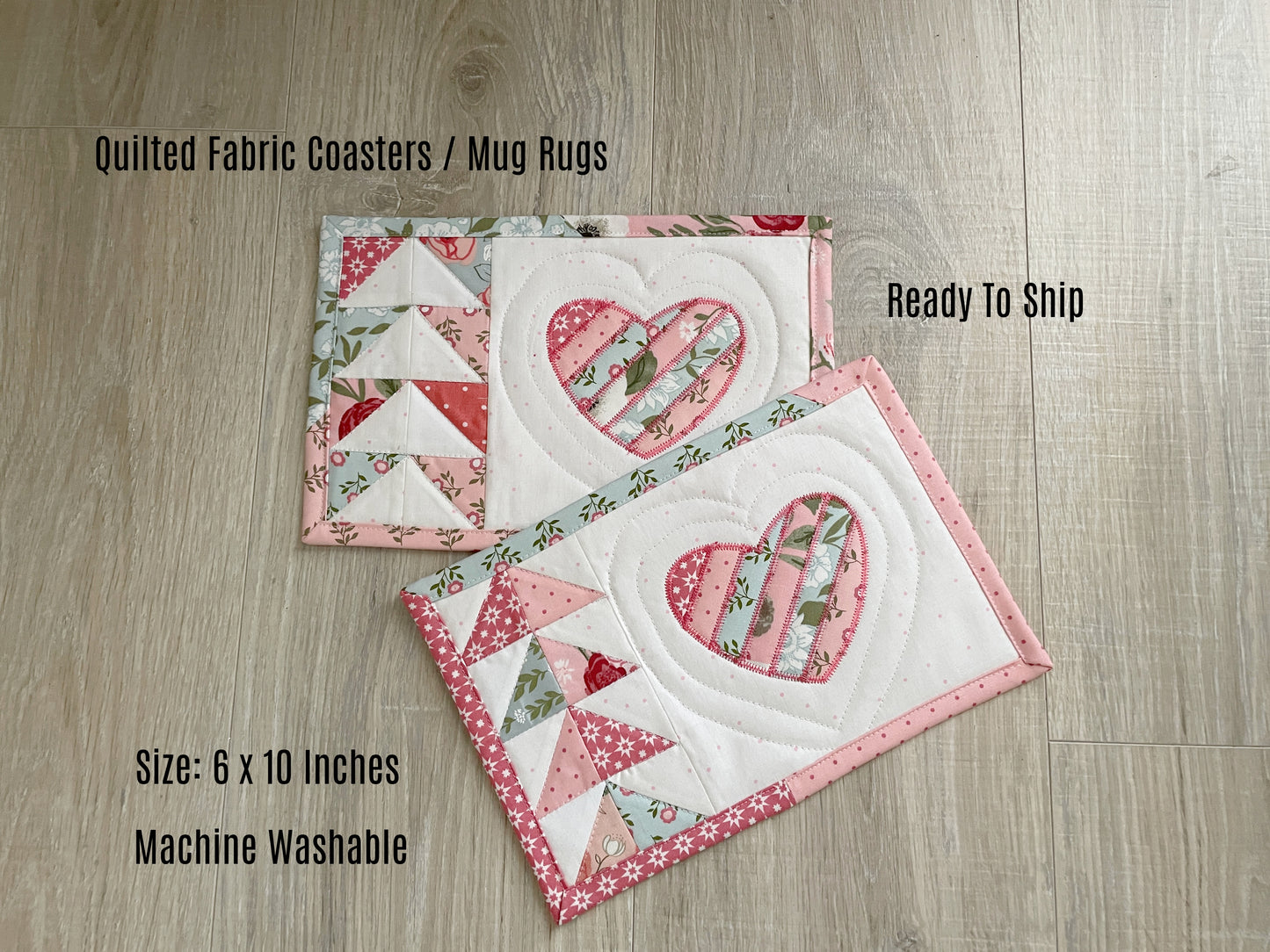 Farmhouse Shabby Chic Set of 2 Quilted Mug Rug Coasters, Great Gift for Her