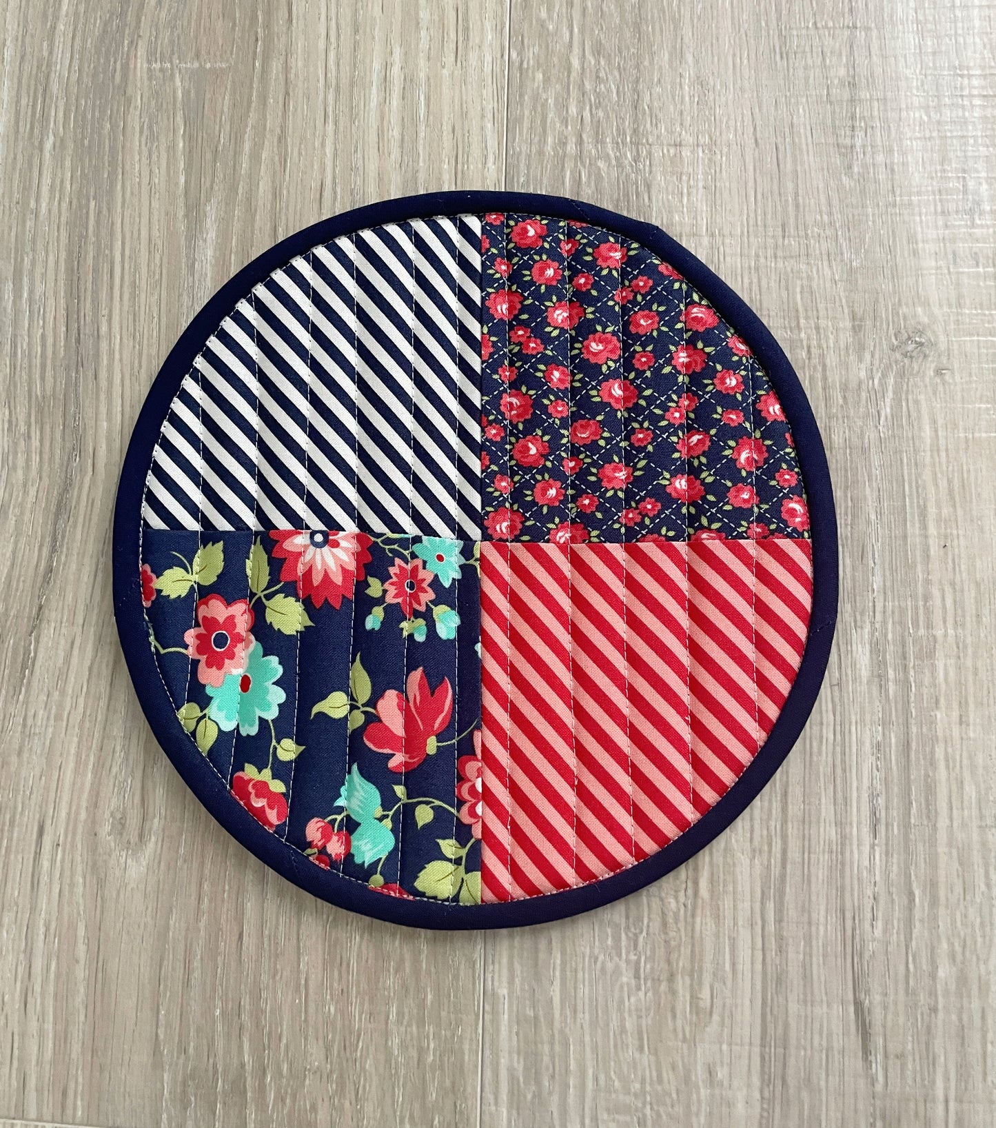 Round Quilted Cotton Pot Holder or Hot Pad with Floral Pattern, Multicolored, Set of 2