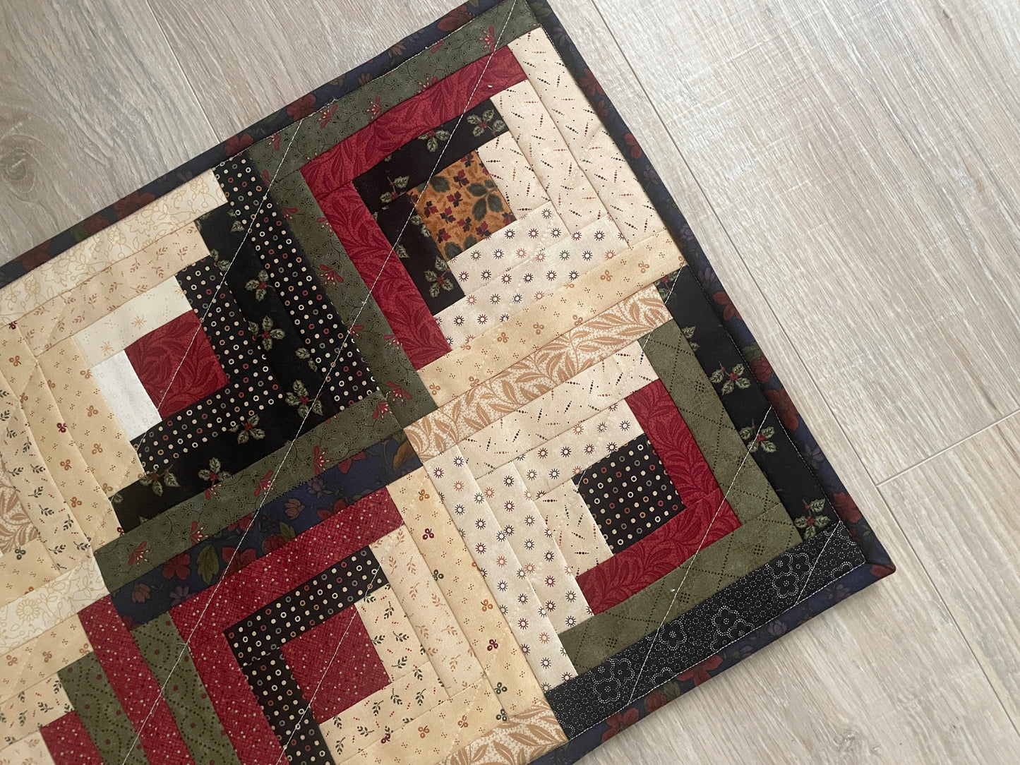 Log Cabin Table Topper, 12 x 18 Handmade Quilted Casserole Mat, Country Fall/Winter Decor
