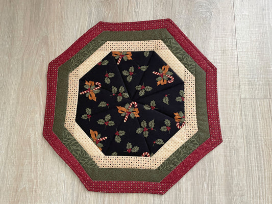 Quilted Octagon Table Topper, Scrappy Centerpiece, Hot Pad Set