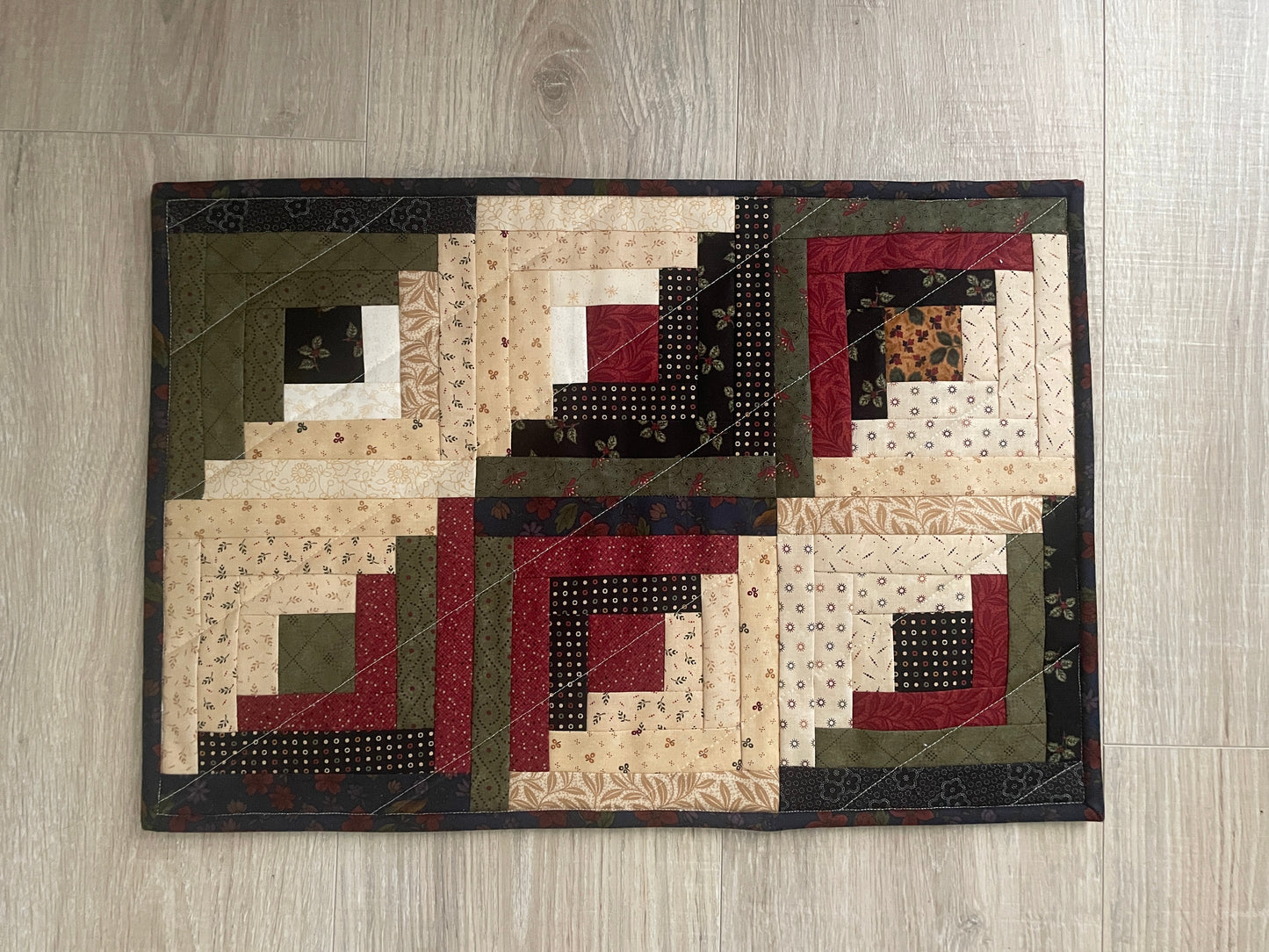 Log Cabin Table Topper, 12 x 18 Handmade Quilted Casserole Mat, Country Fall/Winter Decor