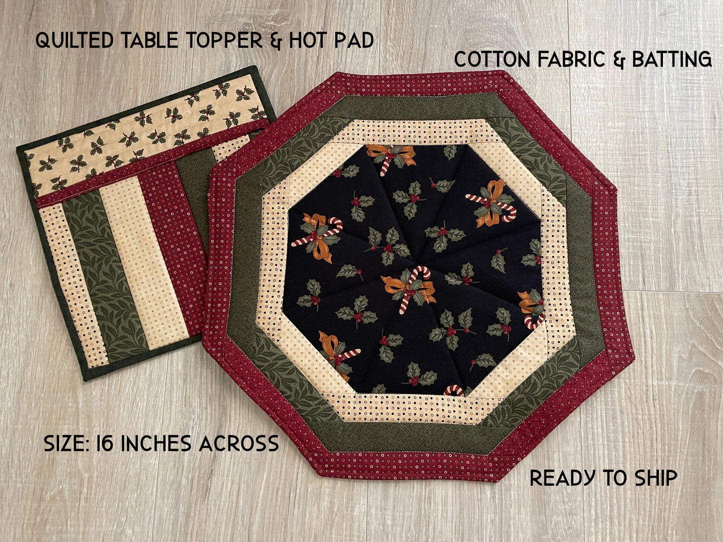 Quilted Octagon Table Topper, Scrappy Centerpiece, Hot Pad Set