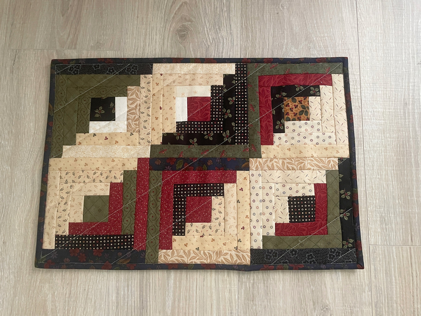 Log Cabin Table Topper, 12 x 18 Handmade Quilted Casserole Mat, Country Fall/Winter Decor