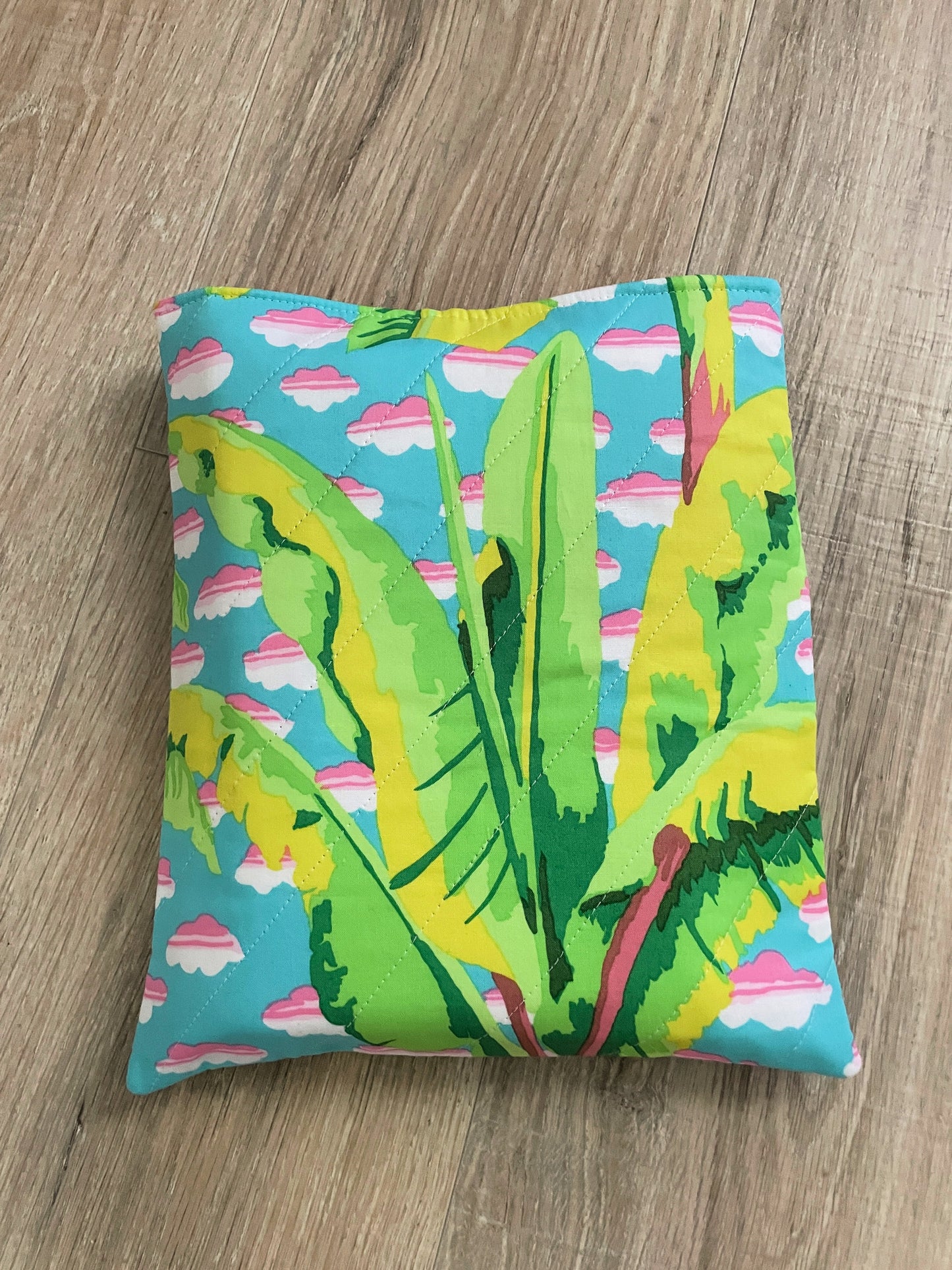 Quilted Book Sleeve, Pink & Green Palm Leaves Book Cover