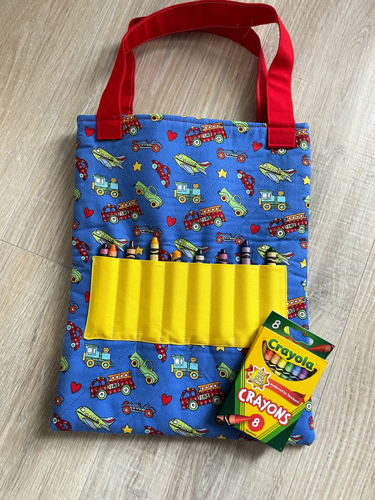 Kids Activity Tote Bag with Crayons, Cars, Trains, and Airplanes