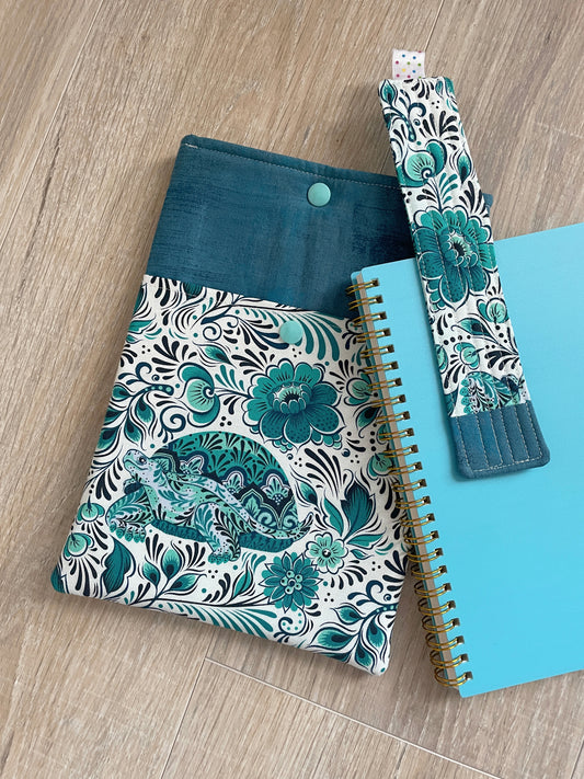 Handmade Book or E-Reader Sleeve Gift Set, Turquoise Floral Turtle Design