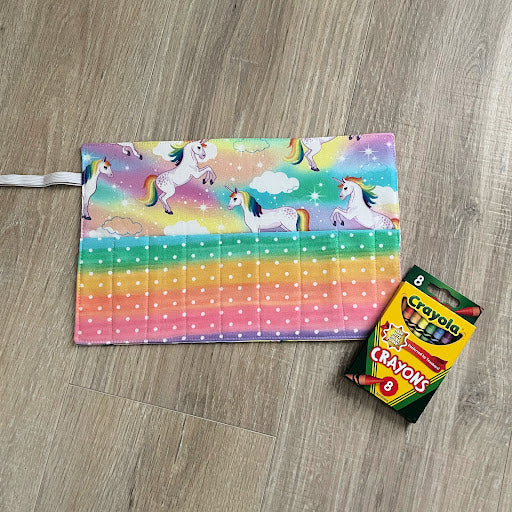 Handmade Crayon Roll Up, Crayon Tote, Crayon Holder featuring Rainbow Unicorns with Included Crayons