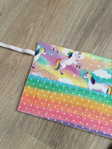 Handmade Crayon Roll Up, Crayon Tote, Crayon Holder featuring Rainbow Unicorns with Included Crayons