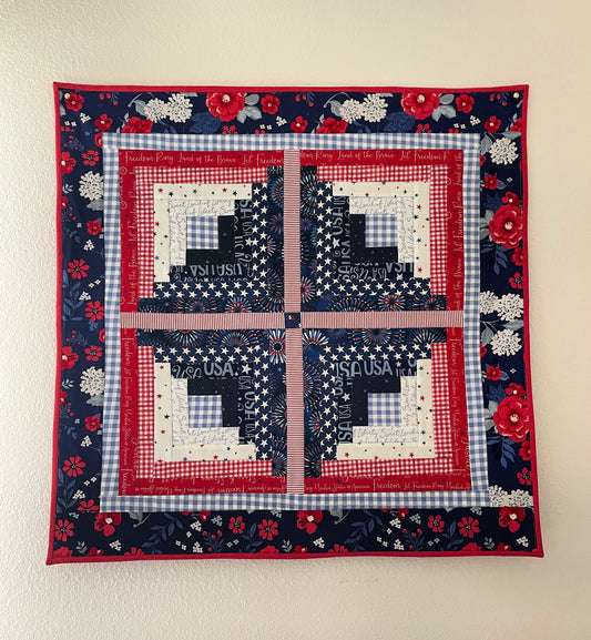 red white and blue scrappy log cabin table topper