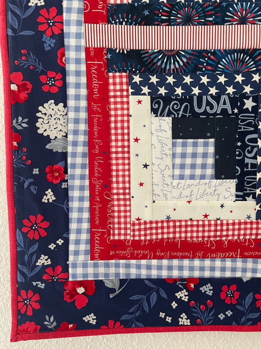 Quilted Table Topper, Red White Blue Log Cabin