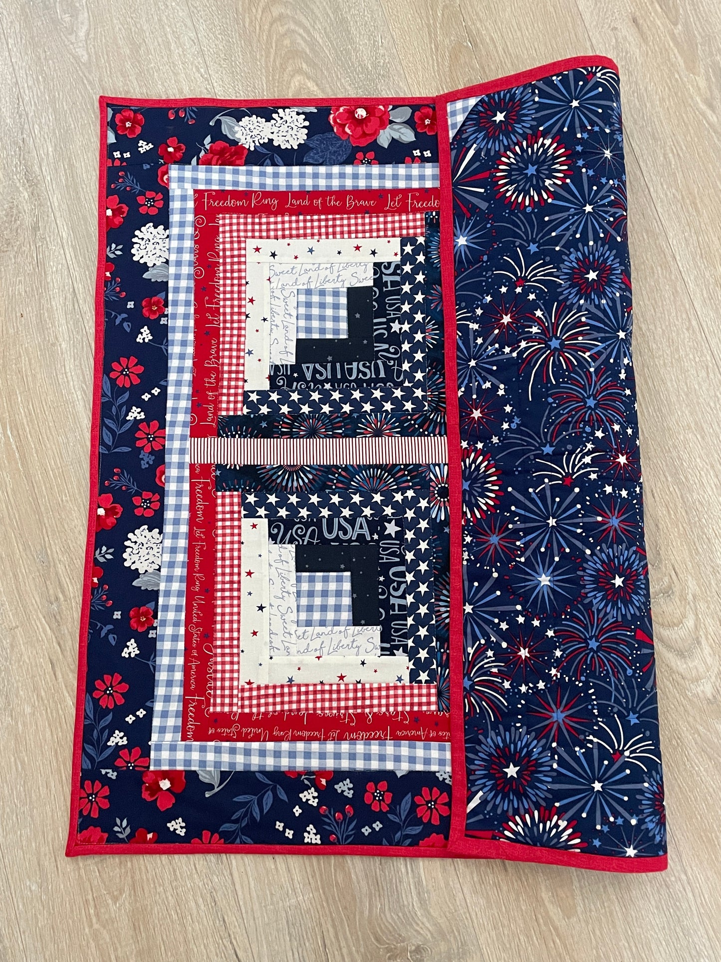 Quilted Table Topper, Red White Blue Log Cabin