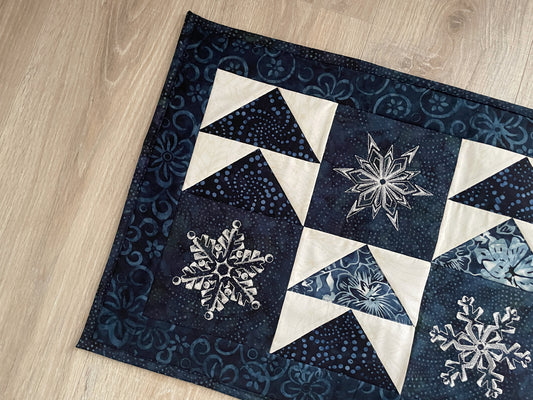 Winter Quilted Table Runner, Snowflake Centerpiece Runner, Blue and White Table Decor