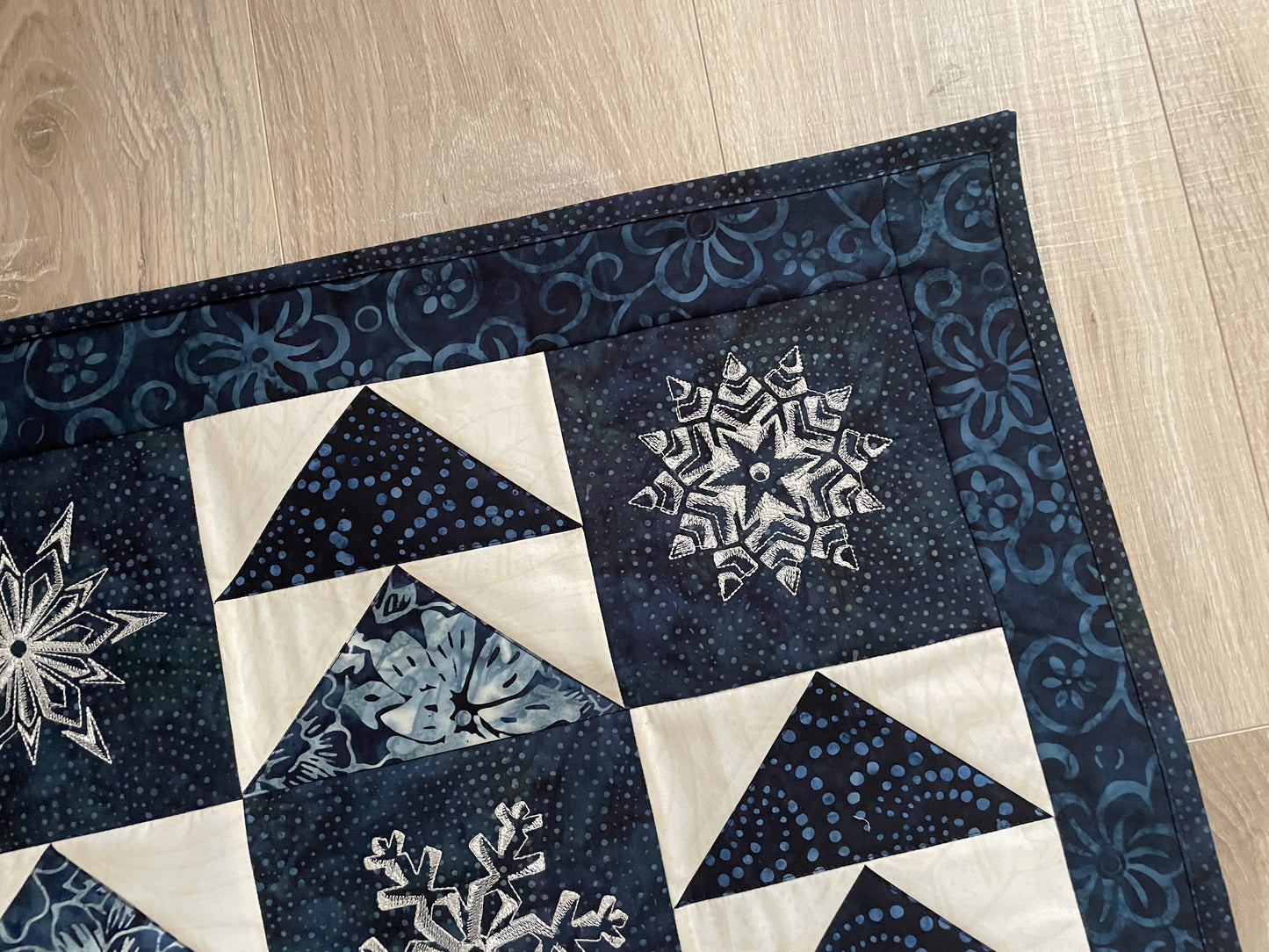 Winter Quilted Table Runner, Snowflake Centerpiece Runner, Blue and White Table Decor