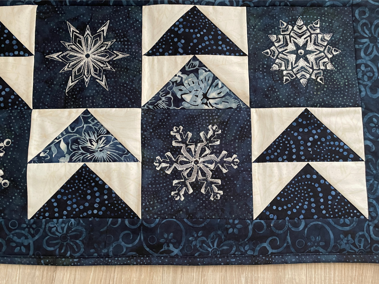 Winter Quilted Table Runner, Snowflake Centerpiece Runner, Blue and White Table Decor