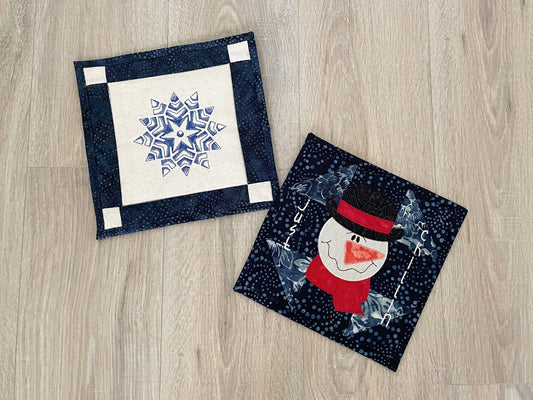 Quilted Winter Hot Pads, Set of 2 Blue White Kitchen Trivets, Snowman Snowflake Decor