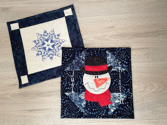 Quilted Winter Hot Pads, Set of 2 Blue White Kitchen Trivets, Snowman Snowflake Decor