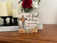 6x6 wooden shelf sitter with a sunflower cross and the verse “With God all things are possible.”