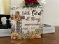 6x6 wooden shelf sitter with a sunflower cross and the verse “With God all things are possible.”