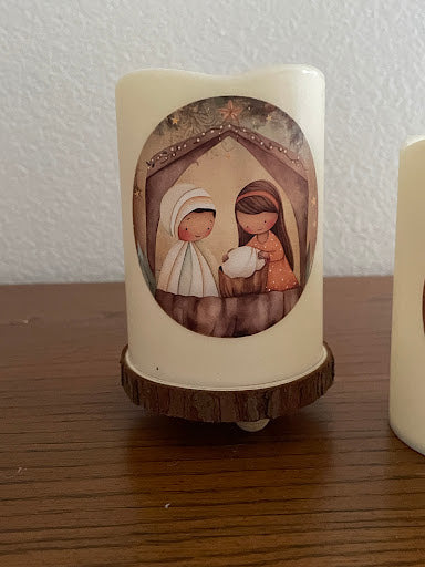 Christian Themed LED candle gift set, Rustic Nativity Christmas Decor, Set of 2 Flickering LED Pillar Candles