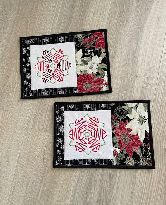 Quilted Christmas Floral Mug Rug, Set of 2 Handmade Snack Mats