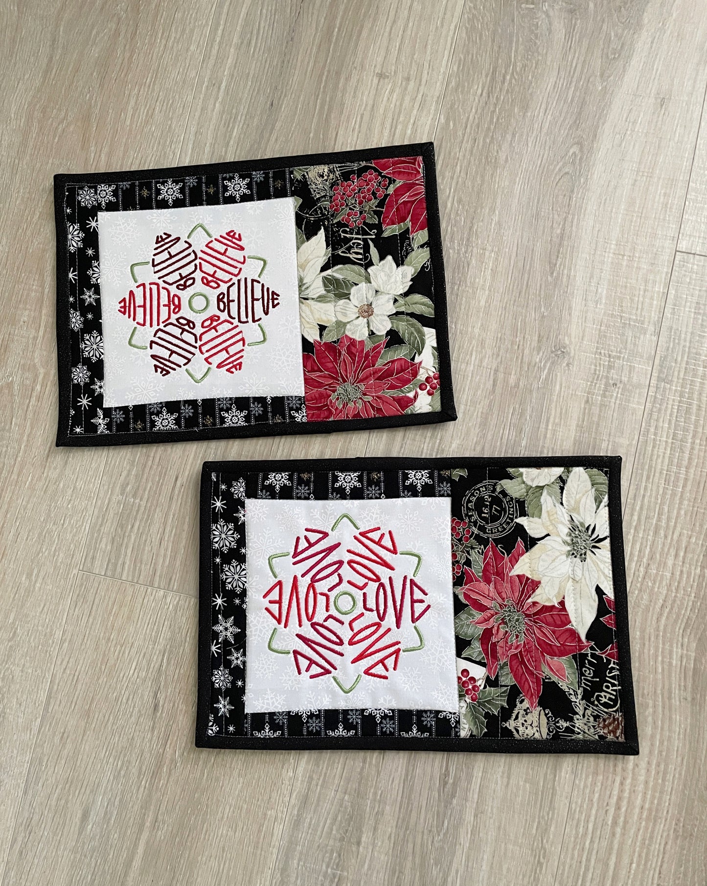 Quilted Christmas Floral Mug Rug, Set of 2 Handmade Snack Mats