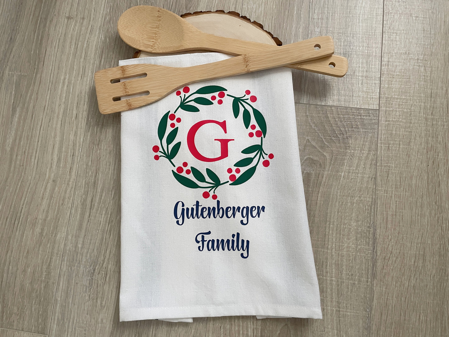 Personalized Christmas Kitchen Towel, Berry Wreath Monogram