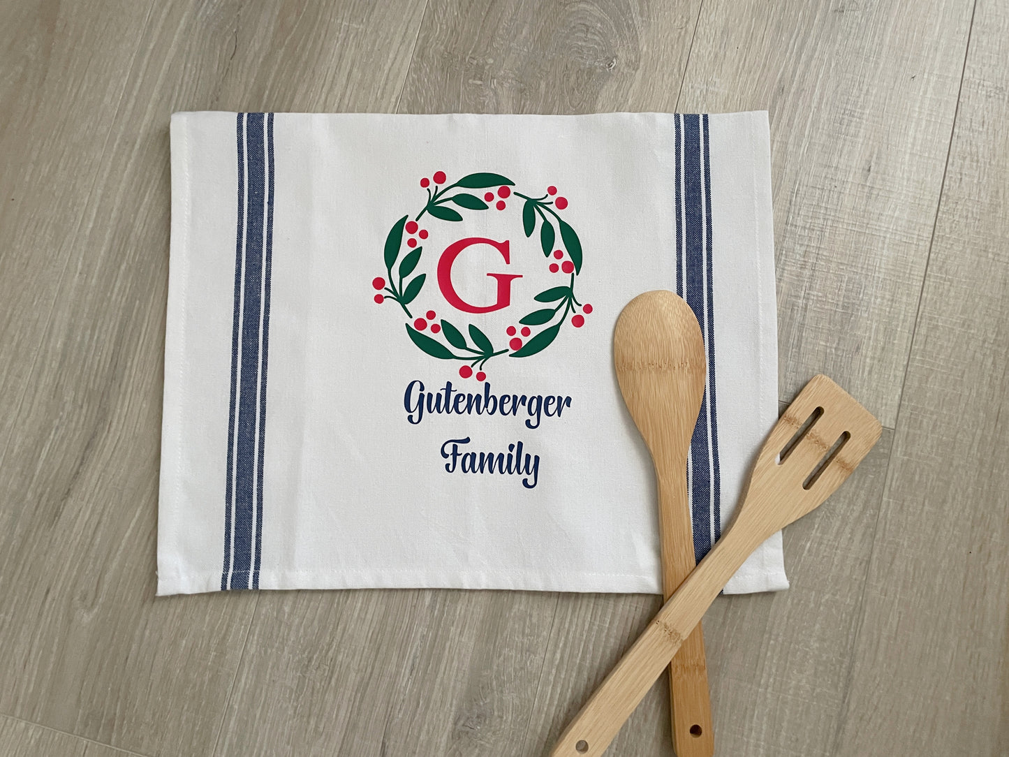 Personalized Christmas Kitchen Towel, Berry Wreath Monogram