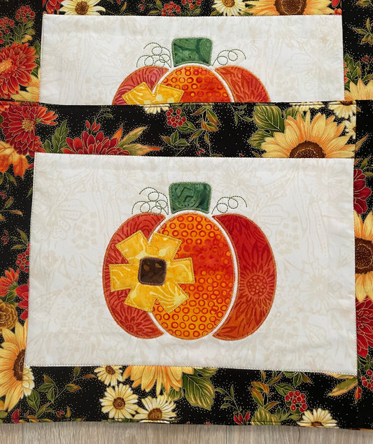 Handmade Fall Floral Pumpkin Placemats - Set of 4 - Quilted Harvest Table Decor