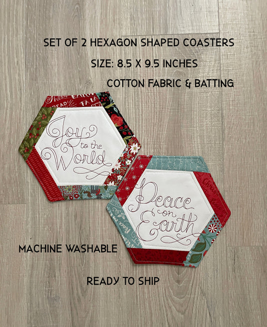 Embroidered Holiday Coasters, Set of 2 Hexagon Shaped Mug Rugs