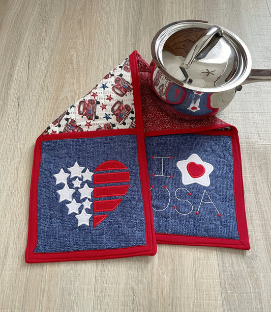 Kitchen Double Pocket Oven Mitt, Heat Resistant, Quilted Cotton Patriotic Fabric Hot Pad Pot Holder