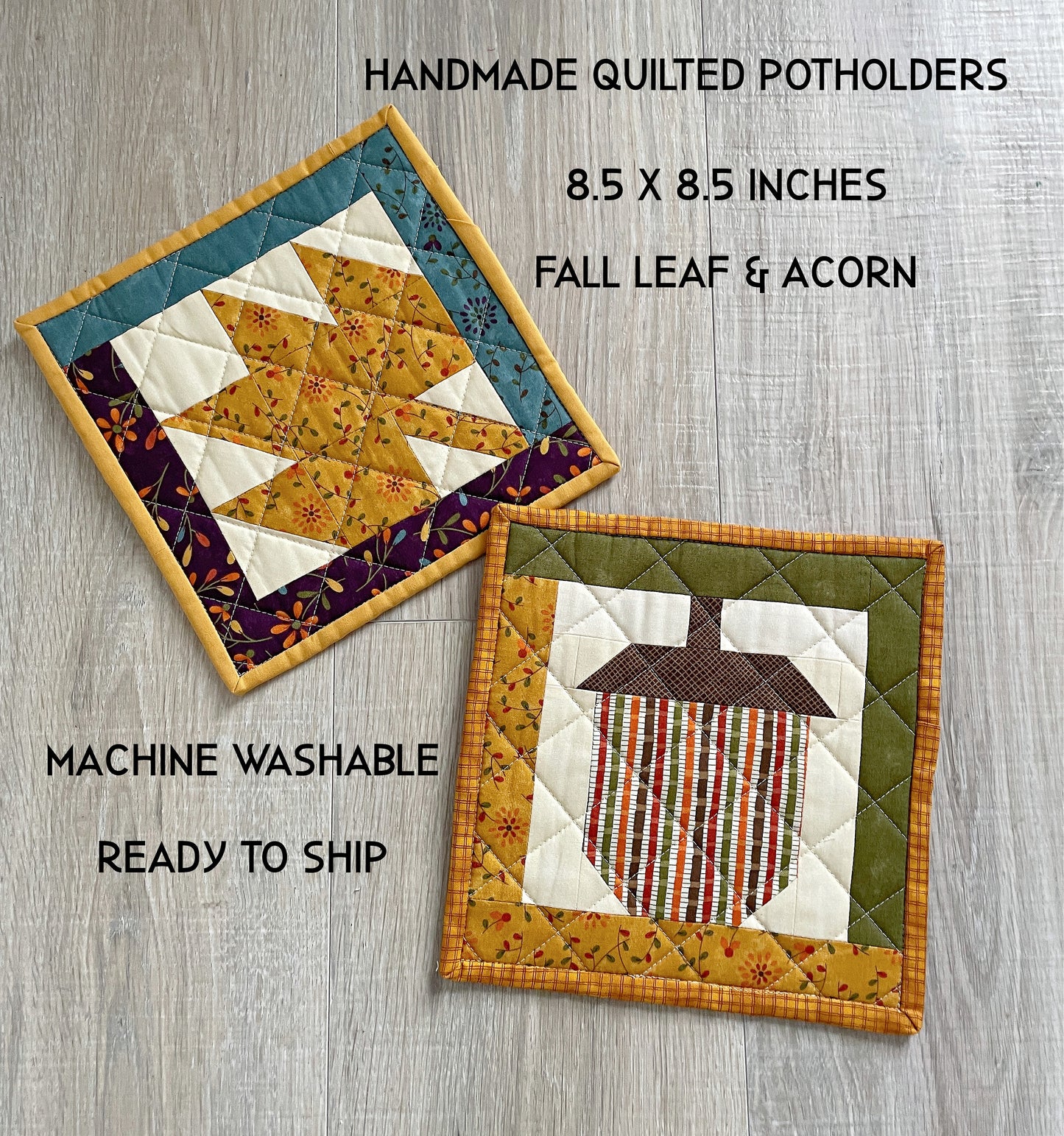 Set of 2 Handmade Quilted Potholders for Fall Kitchen Decor