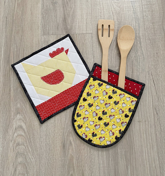 Quilted Potholder, Hot Pad Gift Set, Patchwork Chicken