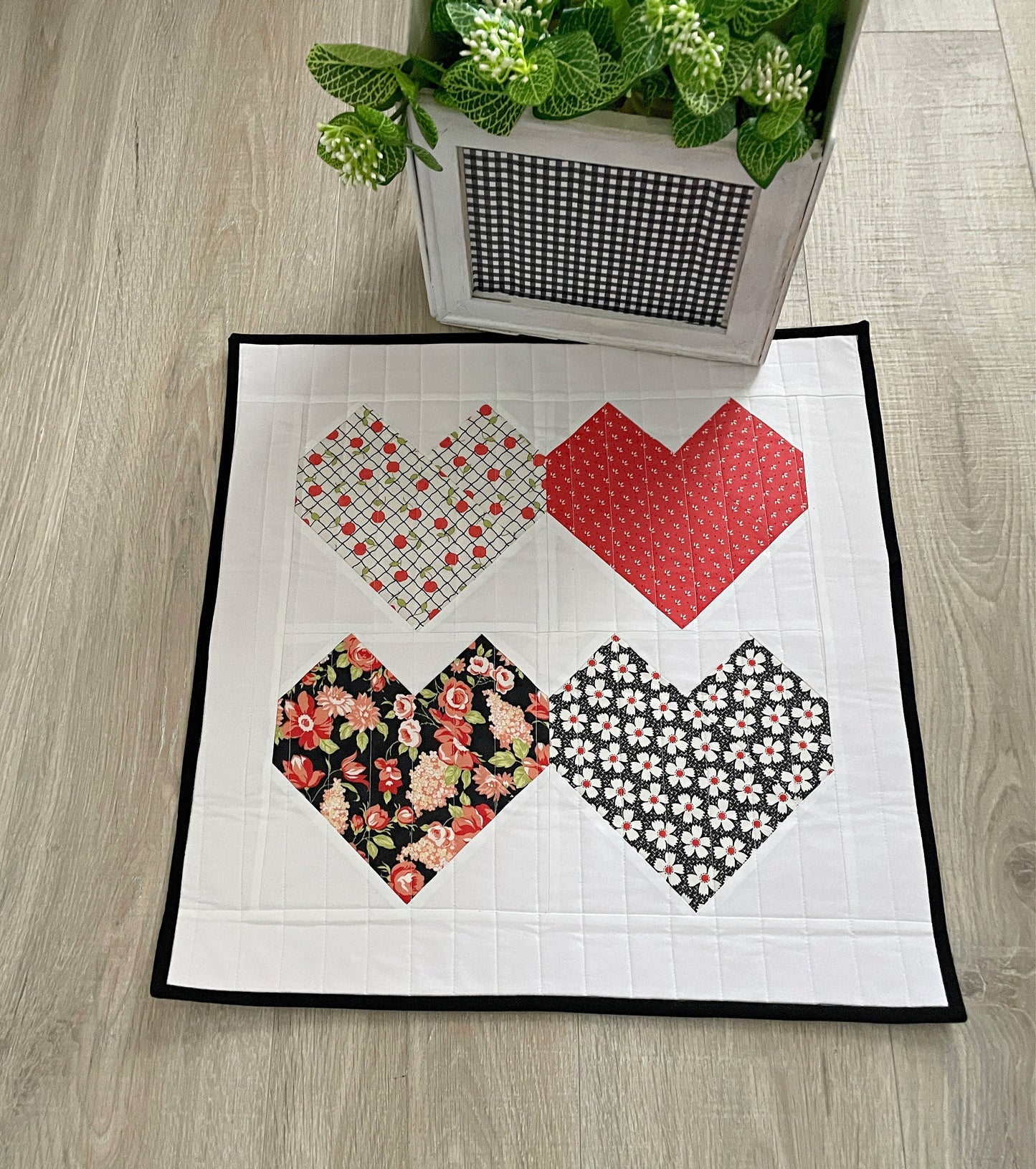 Handmade Quilted Table Topper, Red and Black Hearts
