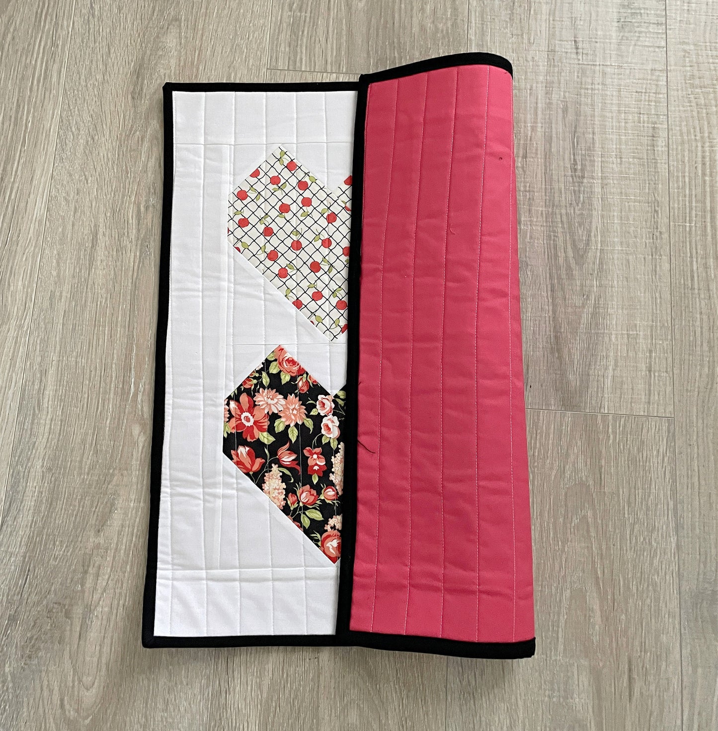 Handmade Quilted Table Topper, Red and Black Hearts