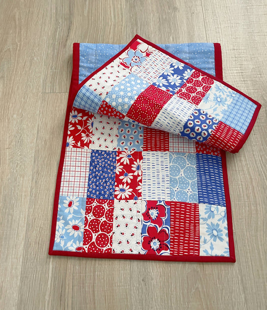 Handmade Quilted Table Runner, Red White and Blue Retro Floral Runner,