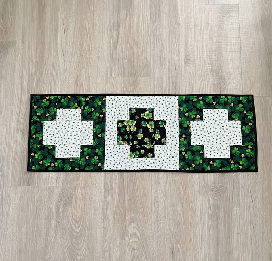 Handmade Green and White St. Patrick's Day Table Runner, Modern Cross Patchwork Design