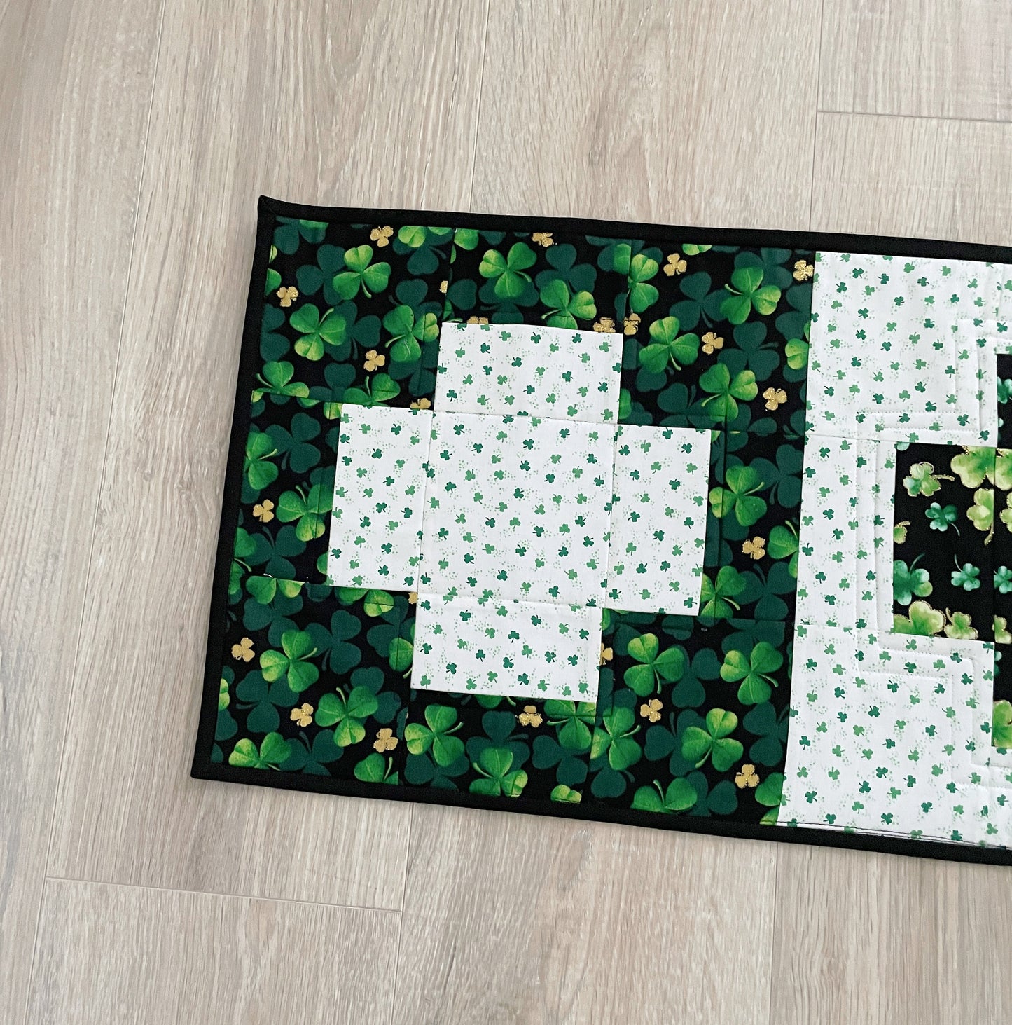 Handmade Green and White St. Patrick's Day Table Runner, Modern Cross Patchwork Design