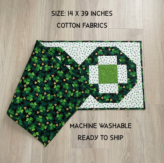 Handmade Green and White St. Patrick's Day Table Runner, Modern Cross Patchwork Design