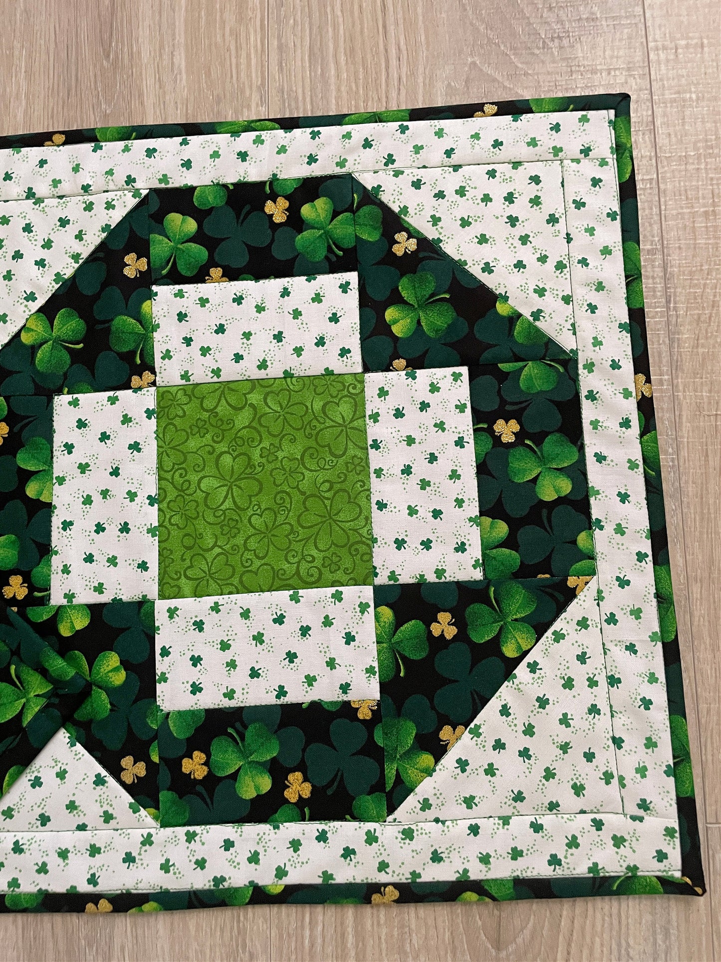Handmade Green and White St. Patrick's Day Table Runner, Modern Cross Patchwork Design