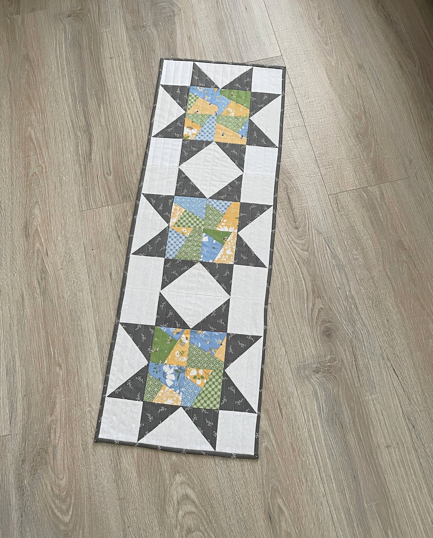 Quilted Table Runner, Farmhouse Scrappy Stars