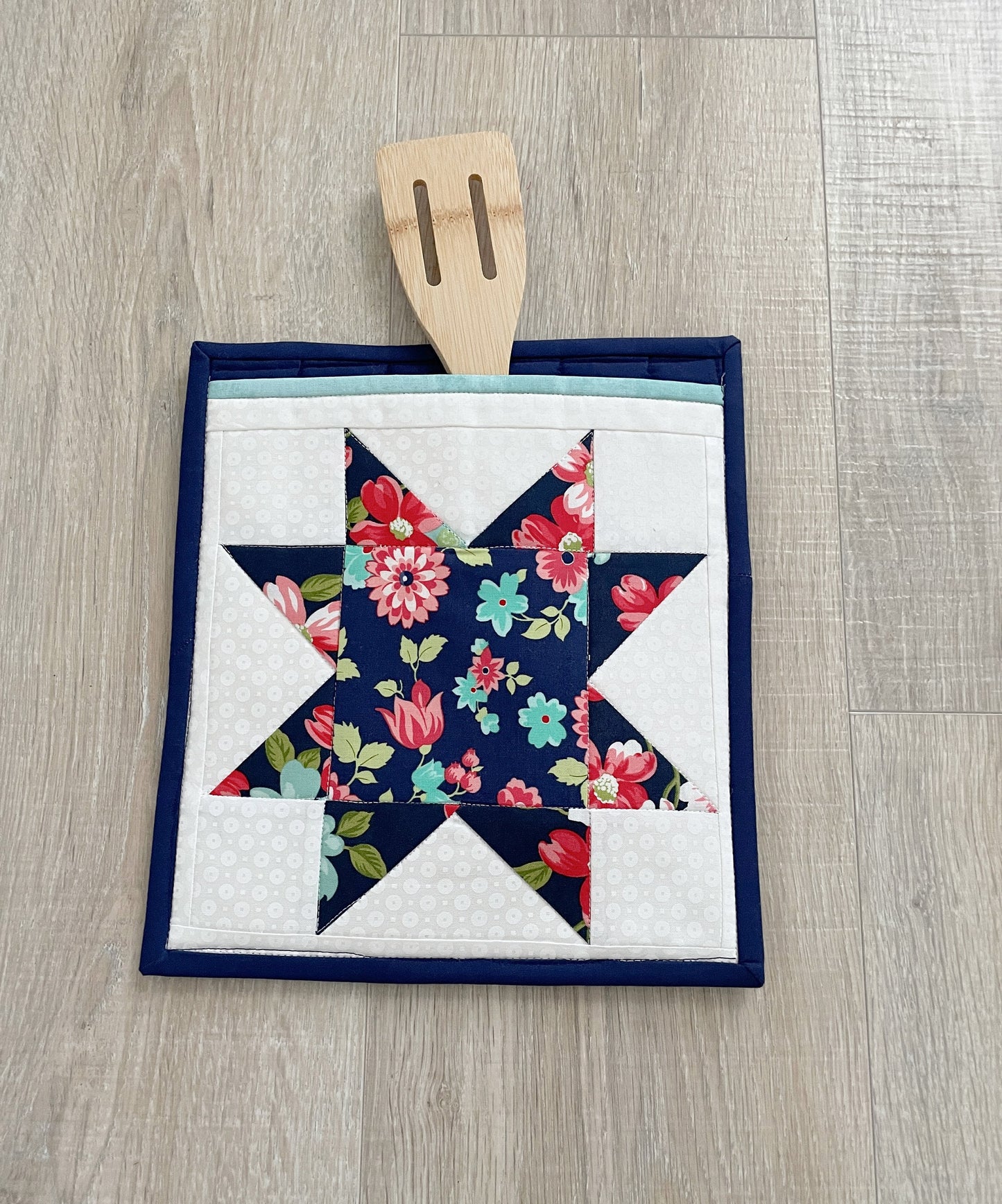 Quilted Handmade Potholders, Pink and Blue Floral Stars