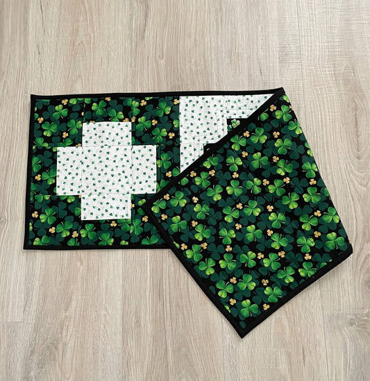 Handmade Green and White St. Patrick's Day Table Runner, Modern Cross Patchwork Design