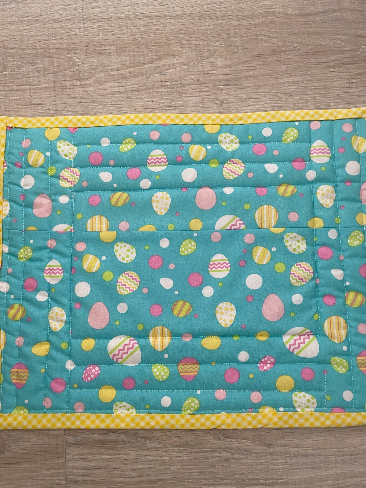 back of quilted casserole hot pad blue and yellow easter egg fabric